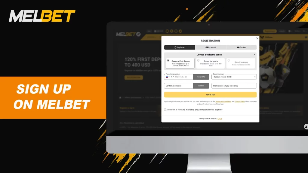 MelBet official homepage with registration button and 120% first deposit bonus banner