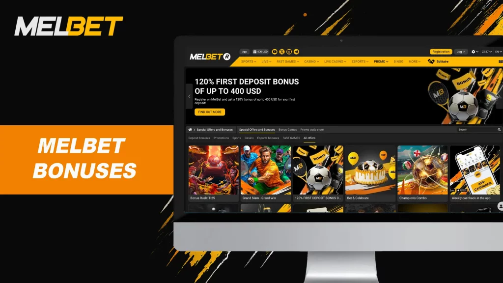 MelBet bonuses page with first deposit offer, promotions, and rewards highlighted on screen