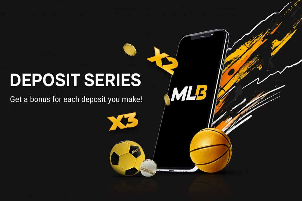 MelBet Deposit Series promotion with smartphone, coins, and sports balls showing bonuses for multiple deposits