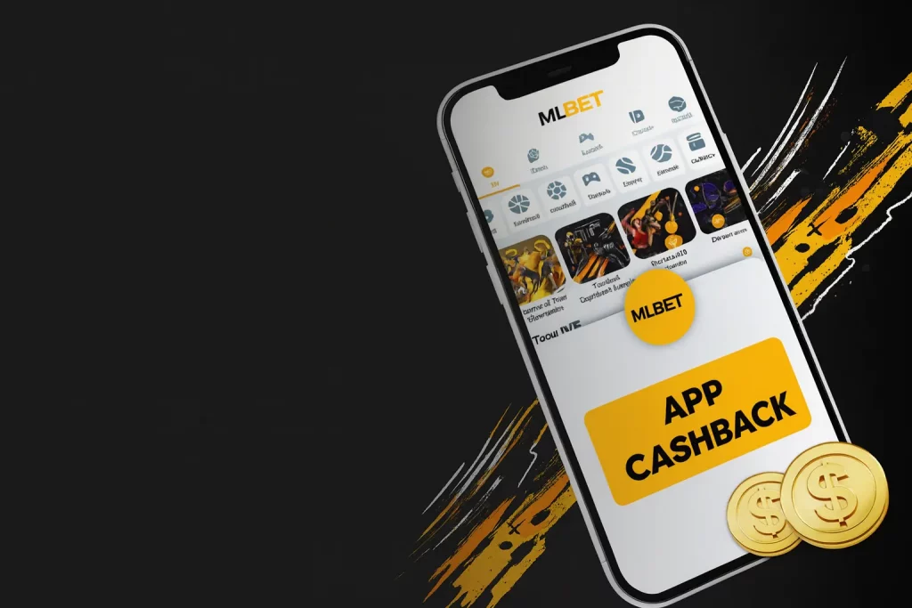MelBet mobile app cashback promotion with smartphone screen and dollar coins