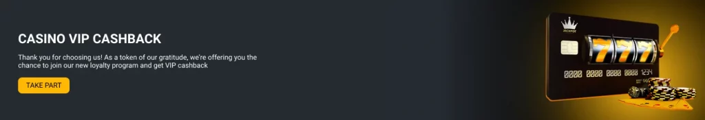 Casino VIP cashback program banner with slot machine card and poker chips