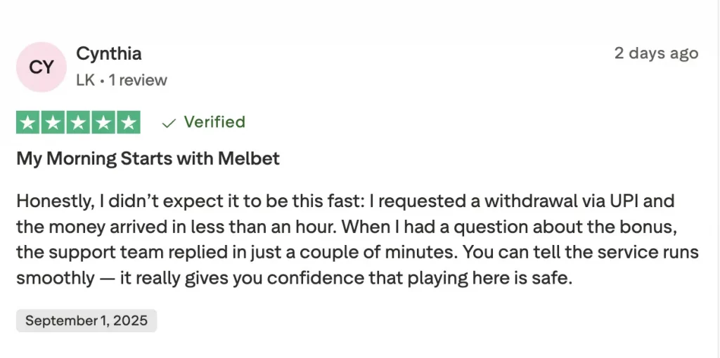 Trustpilot review by Cynthia from India noting Melbet’s quick UPI withdrawals under one hour and responsive support for bonus questions