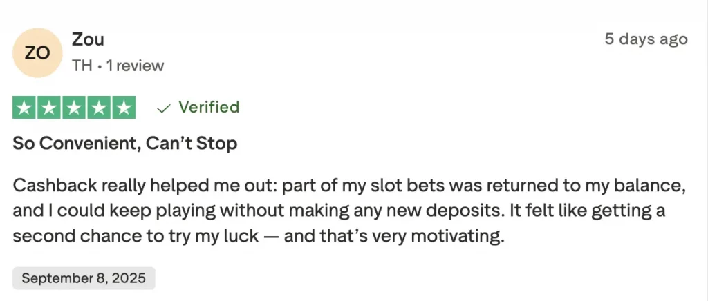 Trustpilot review by Zou from India highlighting Melbet cashback feature that returned part of slot bets and motivated further play without new deposits