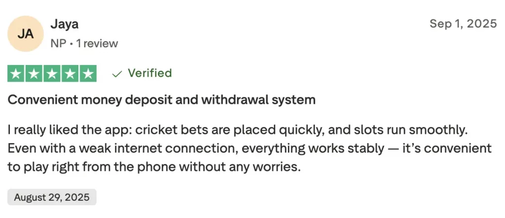 Trustpilot review by Jaya from Nepal praising Melbet app for fast cricket bets, smooth slots, and stable play even with weak internet